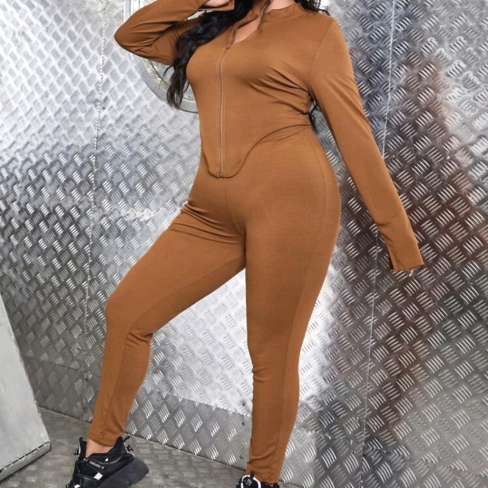 🍂🤎 SHEIN 2XL Brown Asymmetrical Zipper Top With Leggings Set 🤎🍂